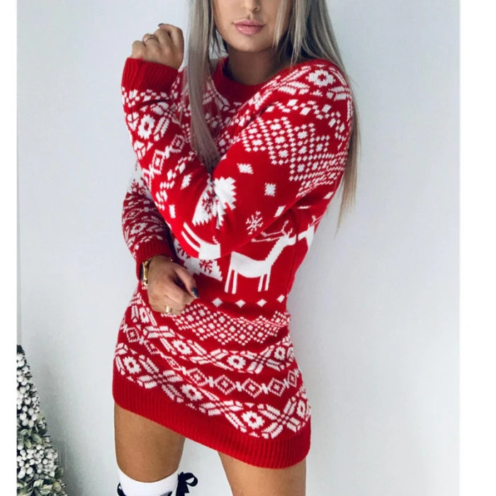 Christmas Sweater Women Christmas Deer Warm Knitted Long Sleeve Sweater Jumper Top Winter Autumn Pullovers Plus Size  Hot Sale