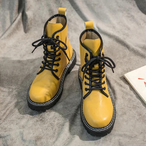 Yellow Black Combat Boots For Women Glitter Leather Boots 2020 New White Ankle Boots Women Shoes Platform Lace Up Punk Boots