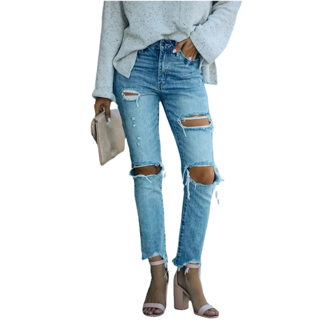 High Waist Bleached Ripped Washed Pencil Jeans