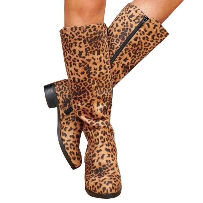 2021 Autumn Winter Women's Boot Zip Leopard Pu Solid Non-Slip Platform Plus Size Ladies Shoe Comfortable Women Footwear Fashion