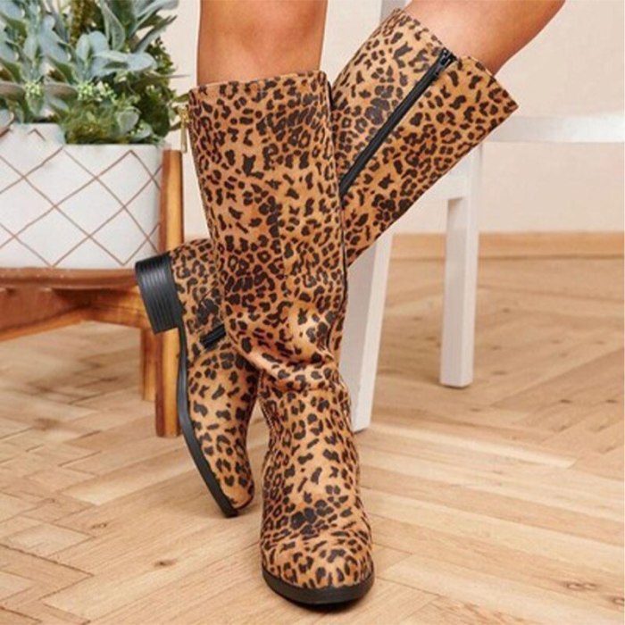 2021 Autumn Winter Women's Boot Zip Leopard Pu Solid Non-Slip Platform Plus Size Ladies Shoe Comfortable Women Footwear Fashion