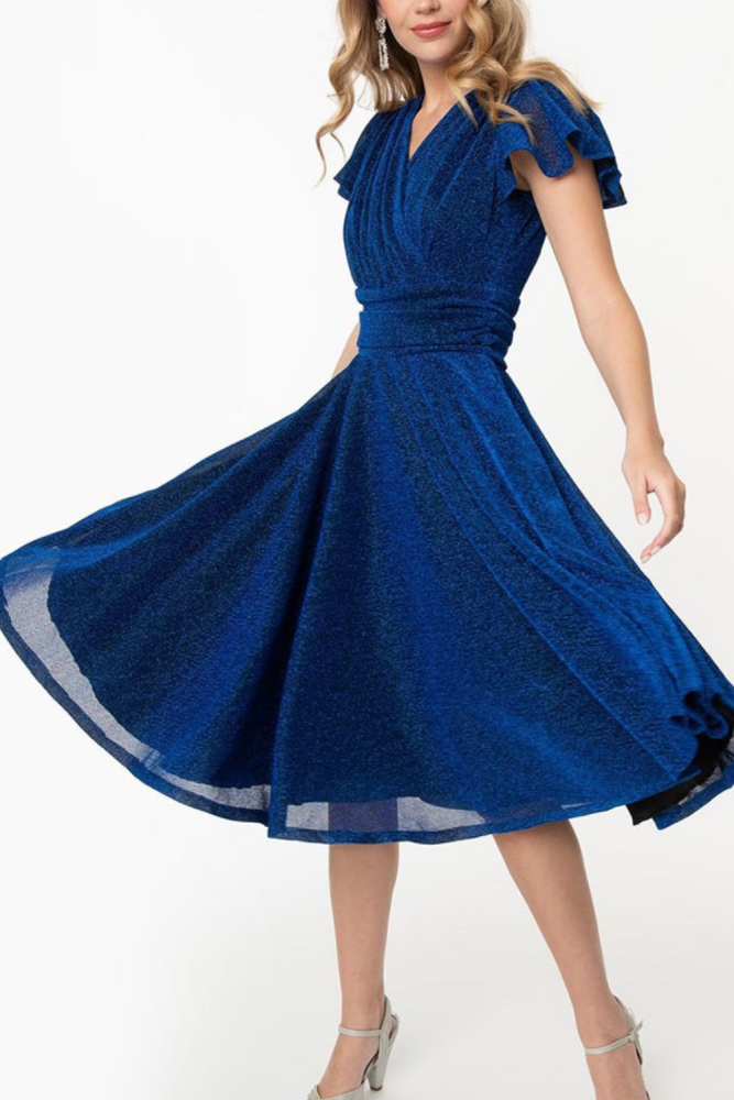 Light Blue Sexy Nightclut  Butterfly Sleeve V-neck Stage Costumes Dress Elegant Women Slim A-line Dresses