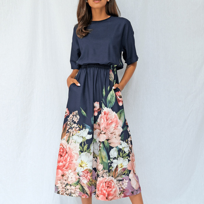 Floral Print Dress With Pockets Casual Half Elastic Waist Bohemian Dress