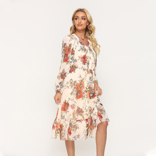 Vintage Flower Print Chiffon Dress For Women Autumn Fashion V-neck A-line Casual Midi Dresses