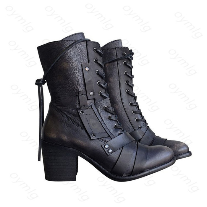 Women Square Heel PU Outdoor Lace-up Ankle Boots