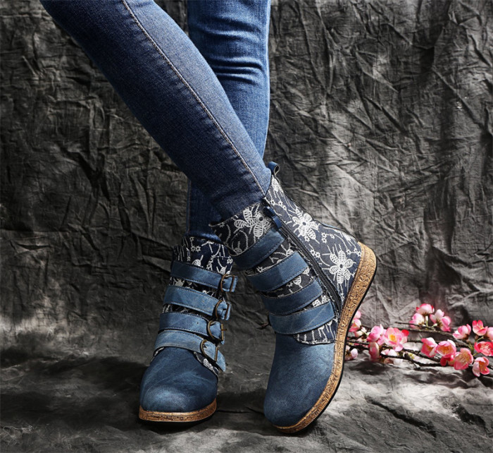 Women's Fashion Boots High Quality PU Stitched Print Women's Boots Side Zipper Low Heel Women Ankle Boots Bohemian Floral Boots