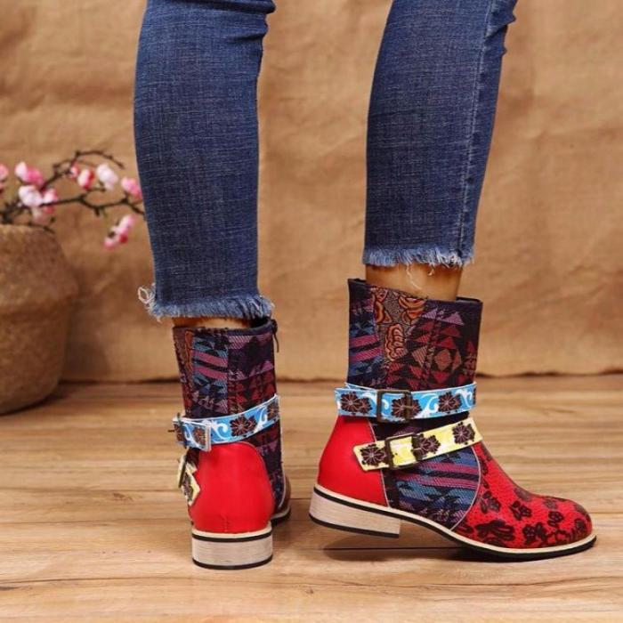 2021 Retro Ladies Fashion Boots Fringed Cross Lace Printed Patchwork Chain Low Heel Women's Boots Floral Boots