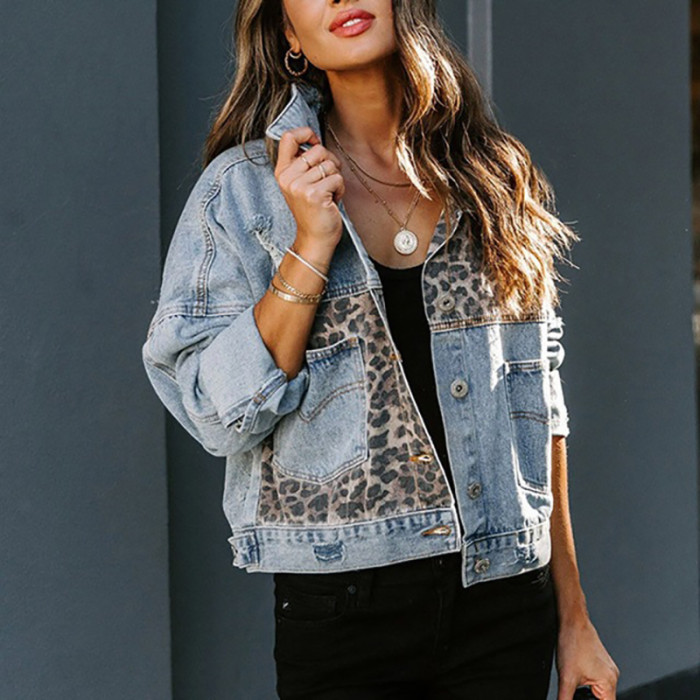 Women Elegant Turn-down Collar Metal Buttoned Cardigan Tops Casual Long Sleeve Denim Coats Fashion Contrast Leopard Jean Jackets