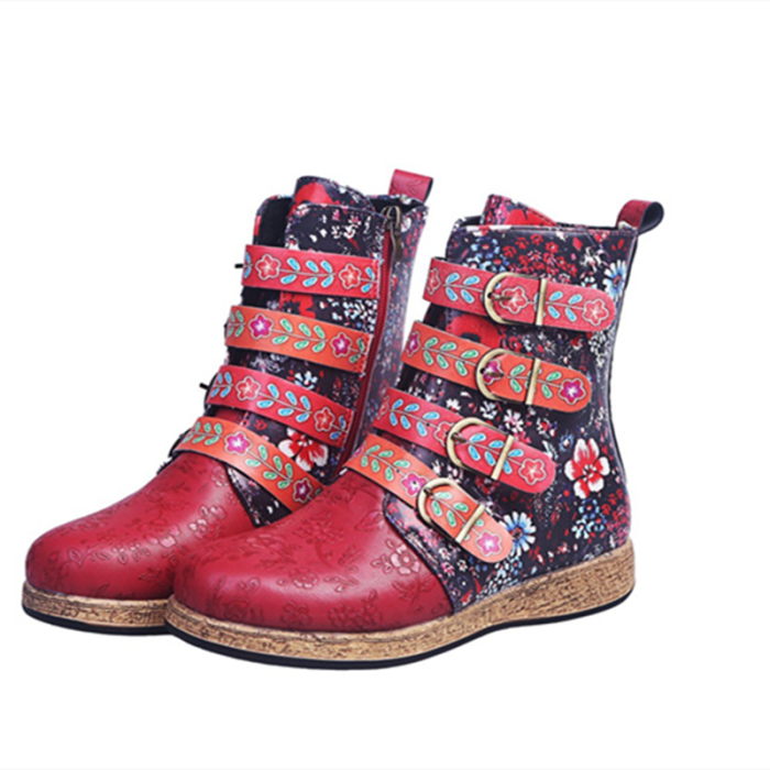 Women's Fashion Boots High Quality PU Stitched Print Women's Boots Side Zipper Low Heel Women Ankle Boots Bohemian Floral Boots