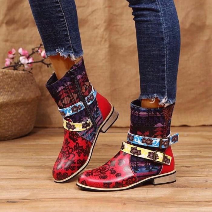 Fashion Fringed Cross Lace Printed Patchwork Boots