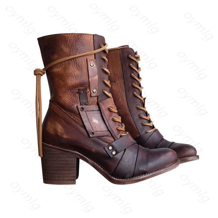 Women Square Heel PU Outdoor Lace-up Ankle Boots