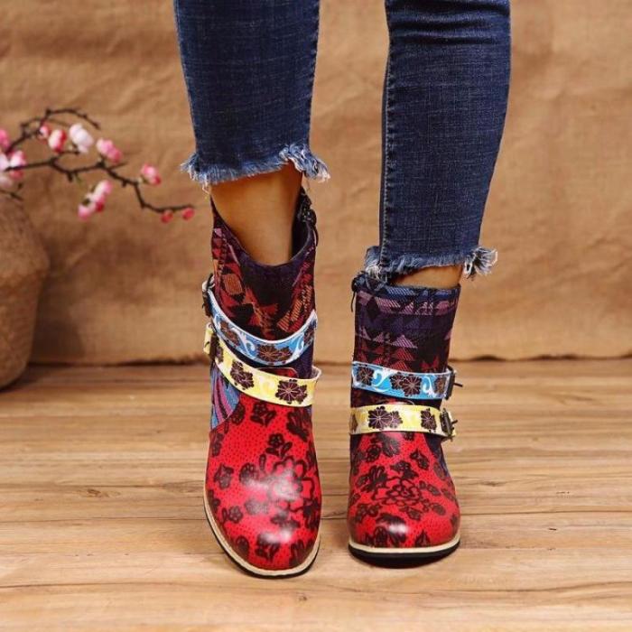 2021 Retro Ladies Fashion Boots Fringed Cross Lace Printed Patchwork Chain Low Heel Women's Boots Floral Boots