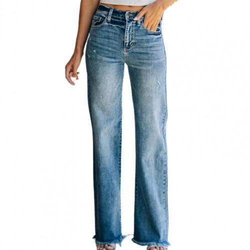 Lady Jeans Mid Waist Rapped Straight Vintage Hole Women Trousers