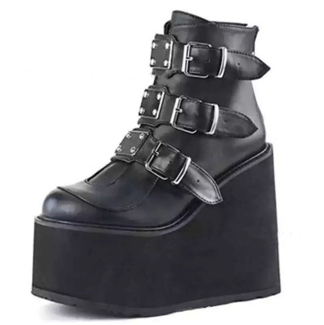 Winter Buckle Ankel Boots Women Punk Female Platform Boots Wedges High Heels PU Women Boots Plus Size 35-43