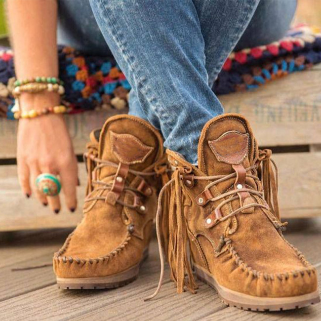 Women's Shoes Lace Up Retro Ankle Boots Sewing Tassel Boots Shoes Women Flat Booties Female Winter 2021 Fashion New Hot Sale