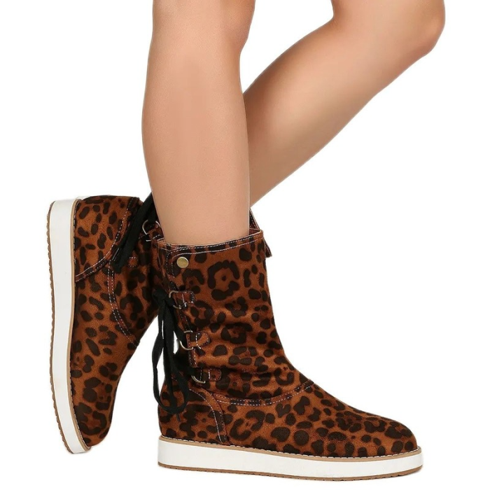 2021 Women Snow Boots Autumn Winter Lace-up Mid-cut Boots Fashion Comfortable Leopard Print Snake Print Color Match Female Shoes