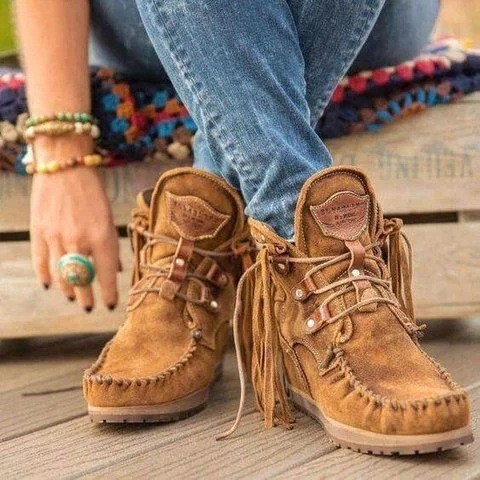 Women's Shoes Lace Up Retro Ankle Boots Sewing Tassel Boots Shoes Women Flat Booties Female Winter 2021 Fashion New Hot Sale