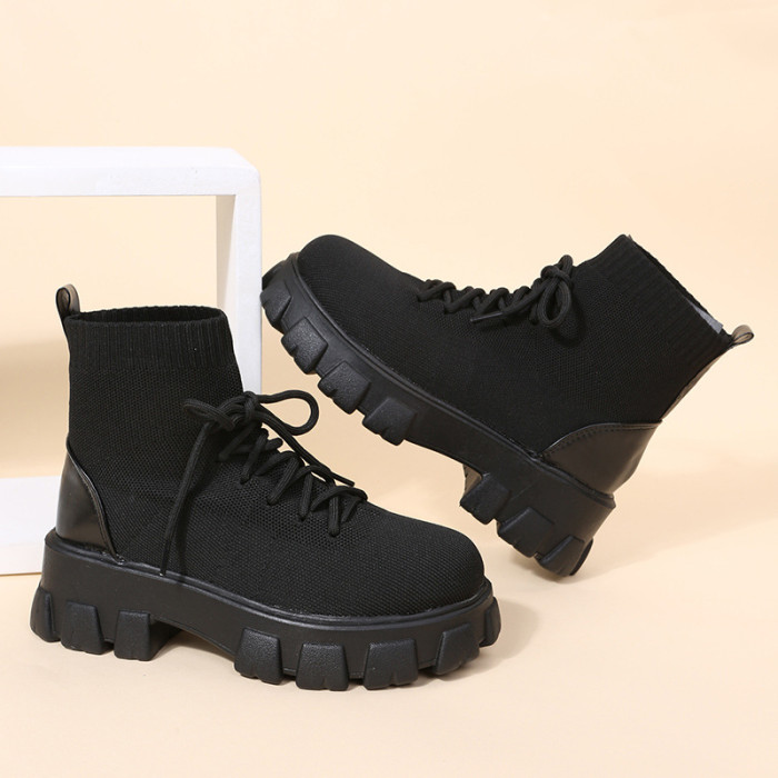 Women's Lace-Up Solid Platform Ankle Boots