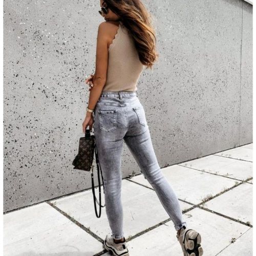 Stylish Gray Skinny Jeans Women Streetwear High Waist Ripped Holes Pencil Jeans Stretchable Female Jeans Summer Women Pants