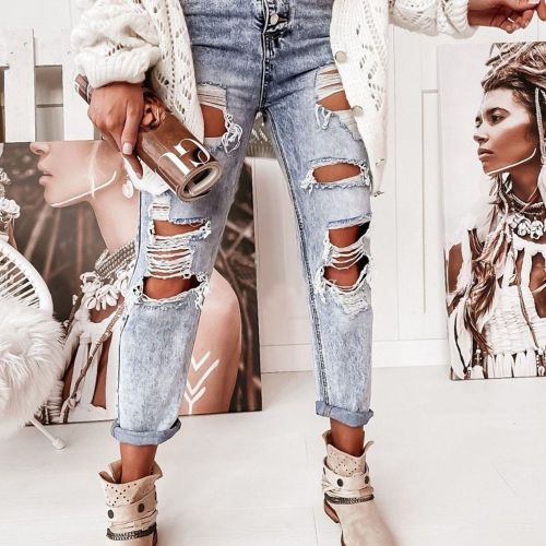 Women Jeans Light-colored Pockets Old Washed White High-waisted Holes Small Feet Spring Temperament Commuter Trousers