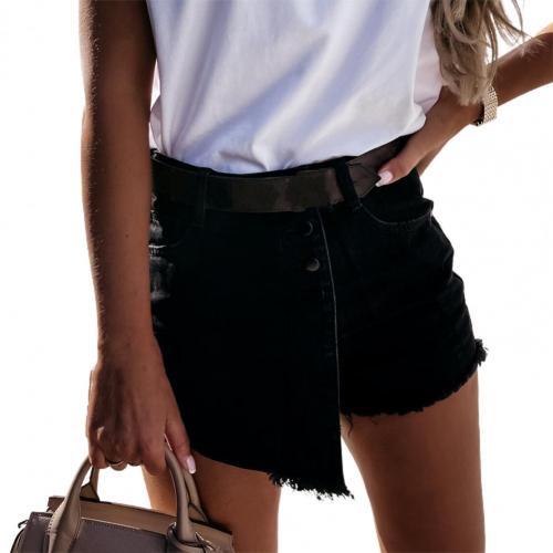 Women Shorts Mid Waist Solid Color All-matched Multi Breasted Fake Skirt Denim Shorts Multi Pockets Straight Short Jeans