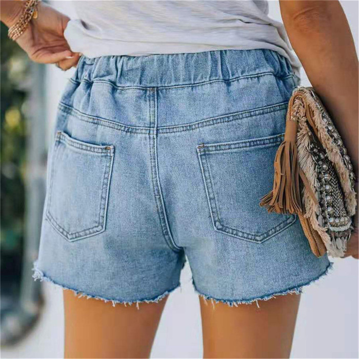 Women's Drawstring Jeans Fashion Womens Pocket Shorts Jeans Denim Female Hole Bottom Sexy Casual Shorts