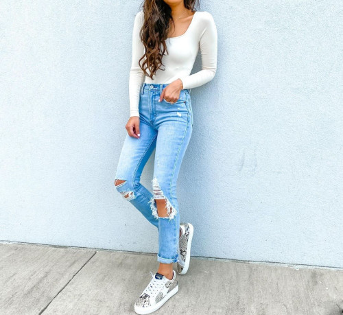 New Summer Casual Temperament Denim Pants Trousers High Waist Women Washed Jeans Skinny Jeans Sexy Ripped Jeans for Women