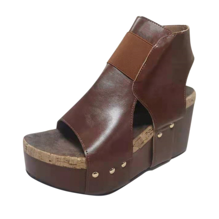 Sandals Women Summer Vintage Peep Toe Wedge Sandals Ladies Hollow Out Round Toe Zip Up Shoes Roman Sandalias