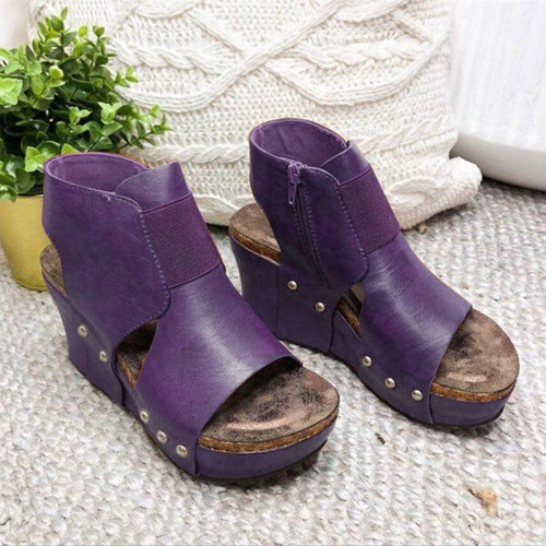 Sandals Women Summer Vintage Peep Toe Wedge Sandals Ladies Hollow Out Round Toe Zip Up Shoes Roman Sandalias