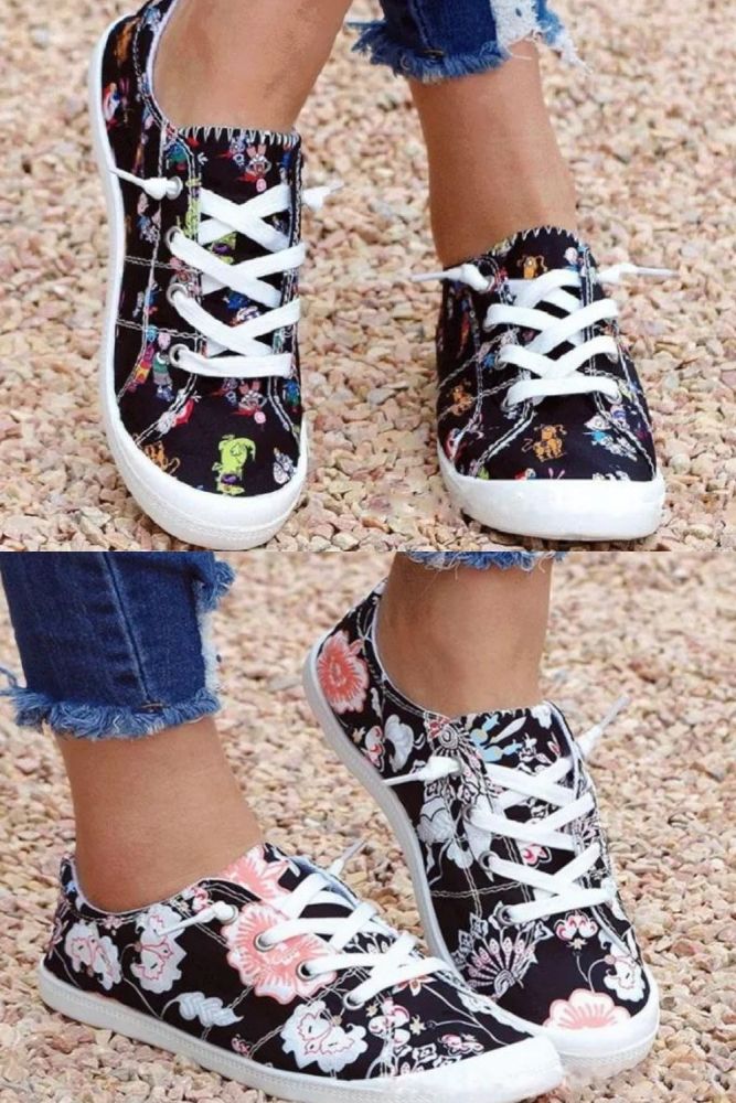 Loafers Women Flat Shoes Female Floral Print Lace Up Casual Sport Shoes Comfortable Ladies Vulcanized Shoes Sneakers for Women