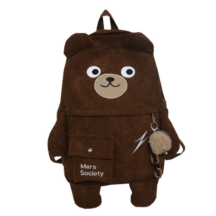 Corduroy Cute Bear Women Backpack Cartoon Student Laptop Backpack Schoolbag Multi-pocket Big Casual Travel