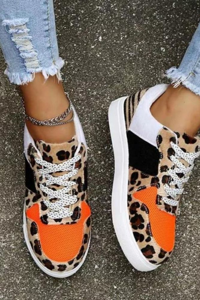 New Women Leopard Vulcanized Shoes Female Sneaker Lace-Up Flat Comfort Faux Fur Shallow Leisure Footwear