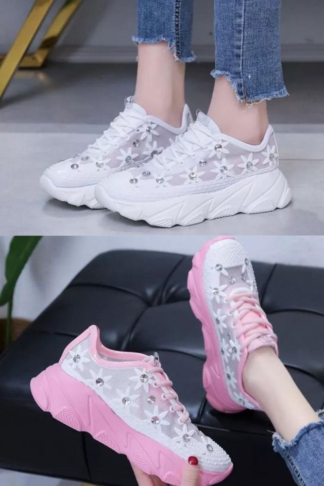 New Mesh Rhinestone Platform Muffin Wedge Hollow-out Lace up Daddy Shoes Sneakers White Shoes Women's Shoes