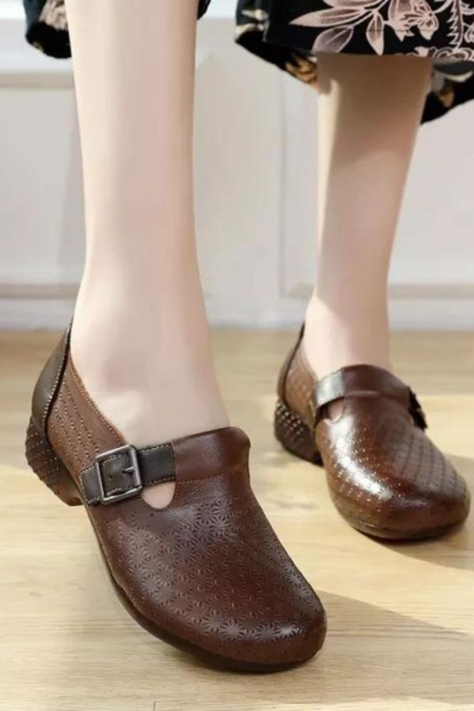 Women's Genuine Leather Square High Heels Breathable Hollow Shoes