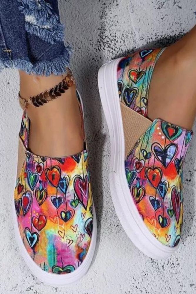Women's Flat Bottom Love Graffiti Breathable Casual  Canvas Shoes