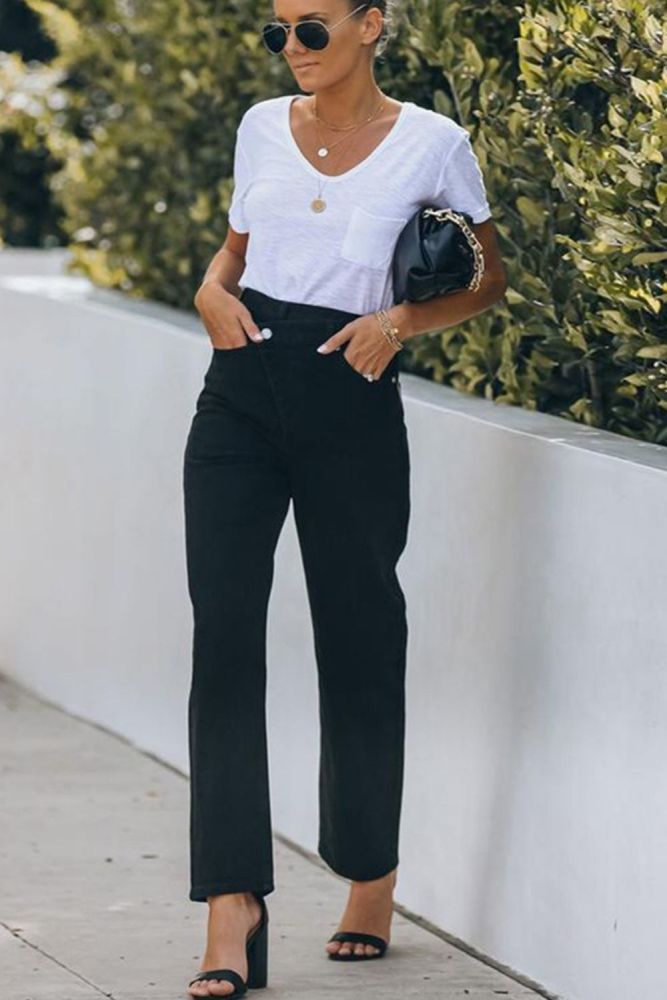 New Black Casual Irregular Waist Design Slim Fit Straight Denim Jeans