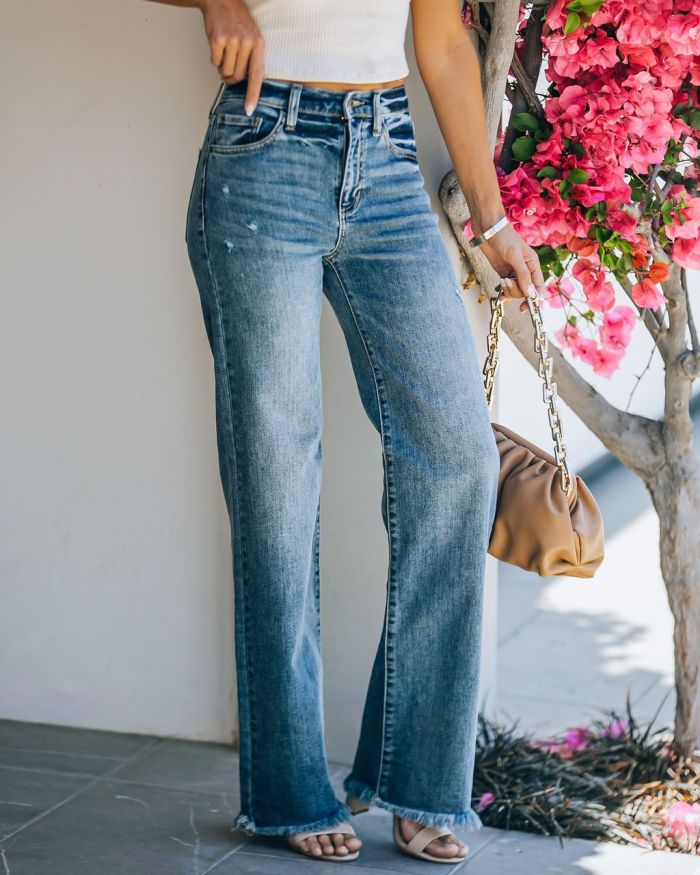 Women Long Pants Stylish Slim Fashion Hole Straight Button Streetwear Jeans