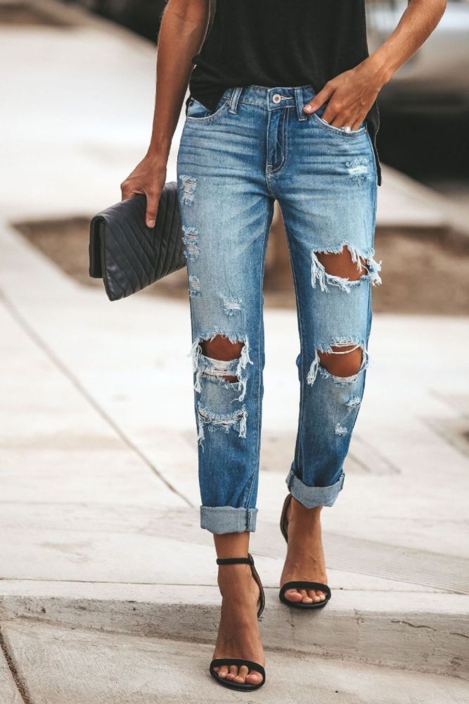New Fashion Holes High Waist Jeans Vintage Streetwear Ripped Hollow Out Denim Pants
