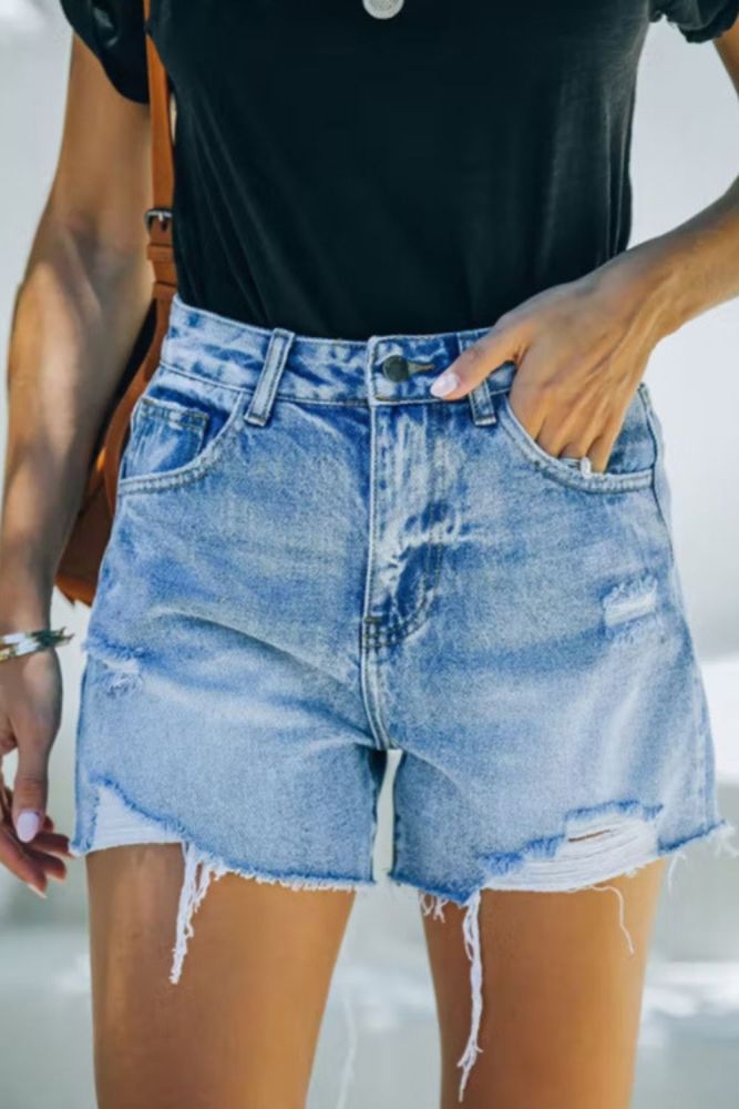 Women Fashion Ripped High Waisted Denim Shorts Vintage Hole Summer Casual Pocket Short Jeans