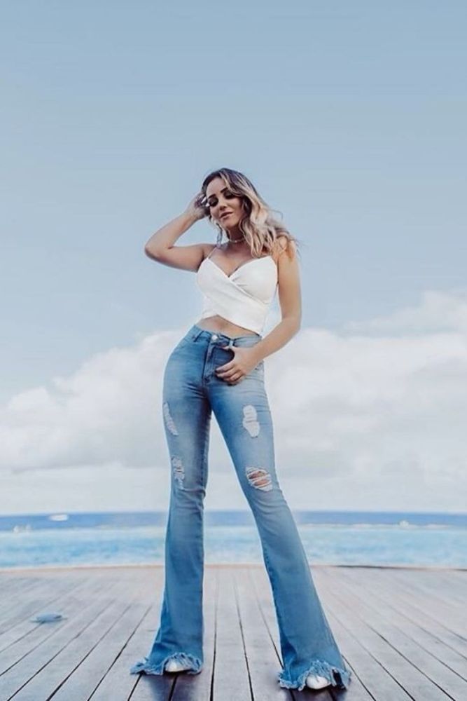 Women's Ripped Slim Fit Flared Denim Trousers Female High Waisted Jeans