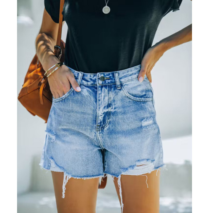 Women Fashion Ripped High Waisted Denim Shorts Vintage Hole Summer Casual Pocket Short Jeans