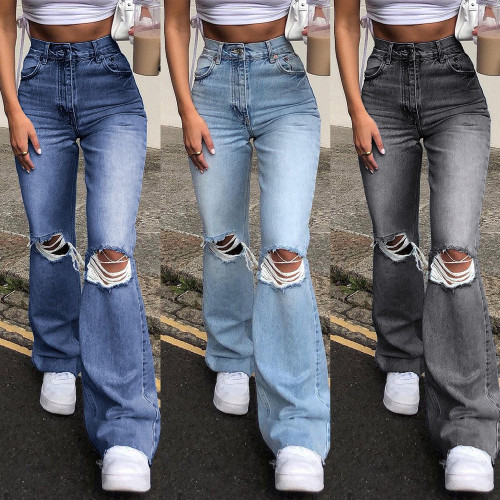 Women Wide-leg Ripped Casual Trousers Denim Flared Pants Jeans