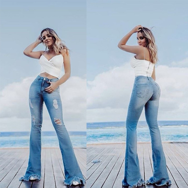 Women's Ripped Slim Fit Flared Denim Trousers Female High Waisted Jeans