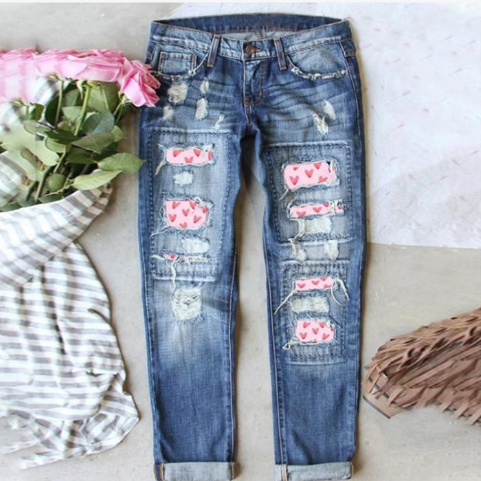 Women Middle Waist Printed Sticker Hole Washed Casual Jeans