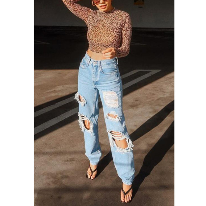 Casual Wide Leg Hole Mid Waist Button Jeans