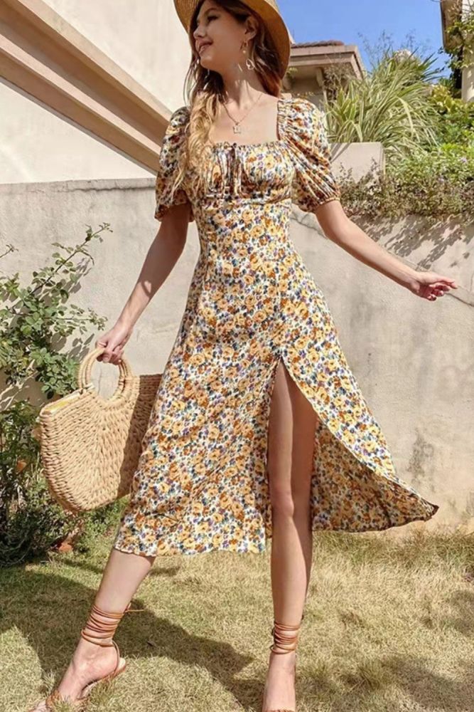 Summer Dress for Women Clothes Floral Print Side Split Square Collar Slim Fit Short Sleeve Middle Ladies