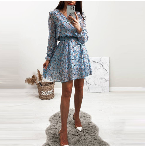New Summer V-Neck Blue Floral Print Ruffle Chiffon Sexy Mini Dress Women's A-Line Long Sleeve Street Wear