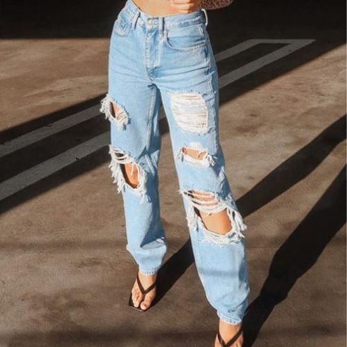 Casual Wide Leg Hole Mid Waist Button Jeans