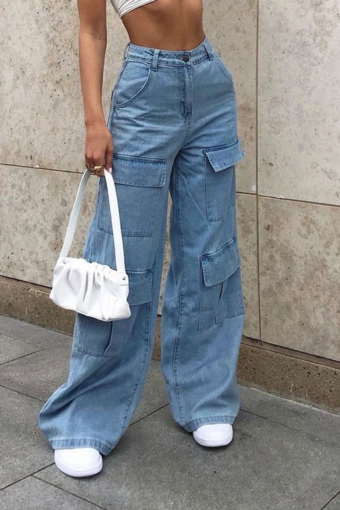 Women Vintage Pocket Wide Leg Streetwear High Waisted Jeans