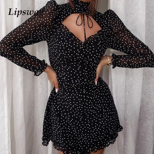 Elegant Dot Printed Ladies Long Sleeve Party Dress New  Women Sexy Hollow Out Spring Mini Dress